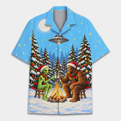 Close up front view of bigfoot and alien christmas hawaiian shirt
