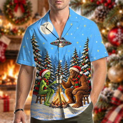 People wearing christmas hawaiian shirts with bigfoot and alien