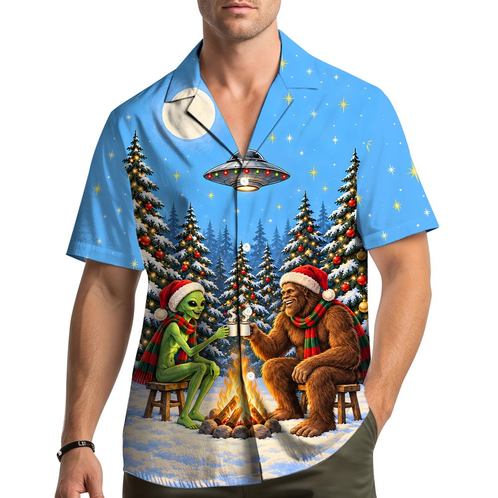 Lifestyle view of matching family hawaiian shirts holiday edition