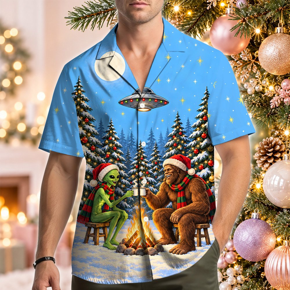 Family wearing matching bigfoot and alien hawaiian shirts outdoors
