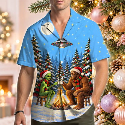 Family wearing matching bigfoot and alien hawaiian shirts outdoors