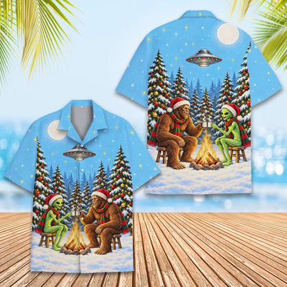 Design detail showing UFO and campfire on christmas hawaiian shirt