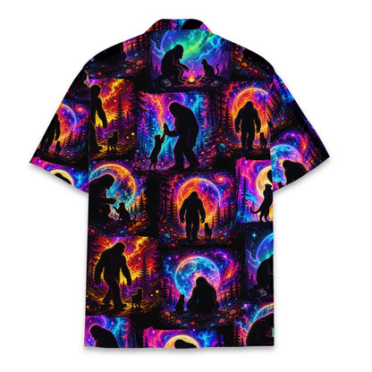 Back flat lay view of the bigfoot hawaiian shirt showing neon cosmic forest