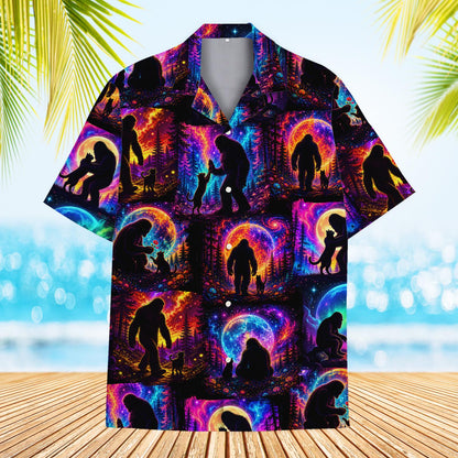 Detail view of the multicolor bigfoot hawaiian shirt worn by matching family