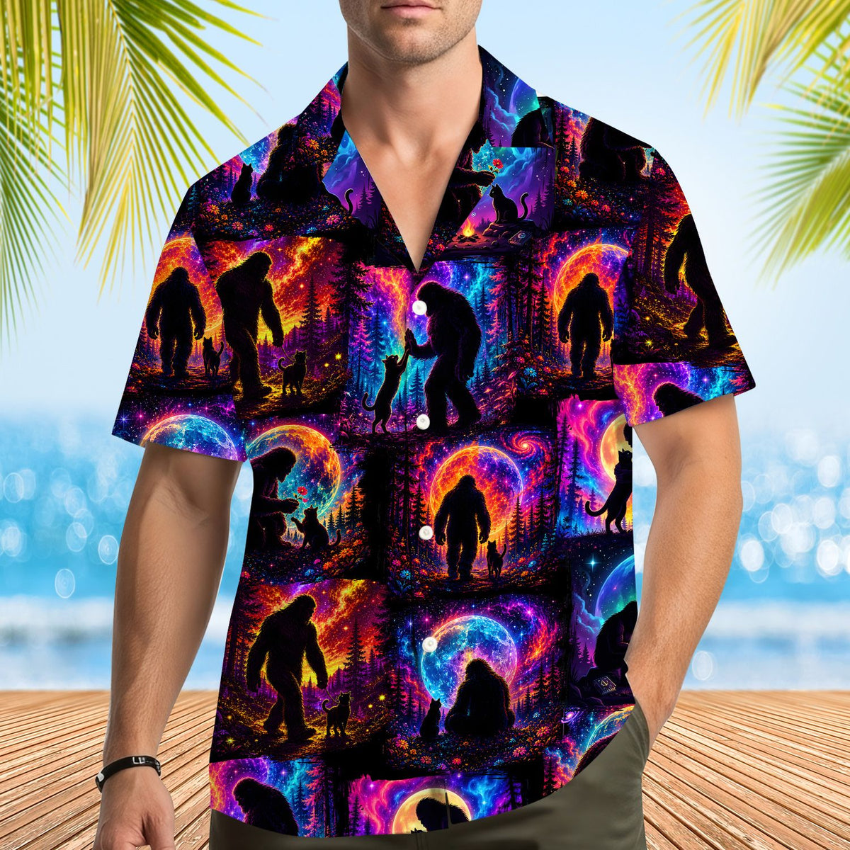 Second lifestyle shot showing the vibrant print of the bigfoot shirt