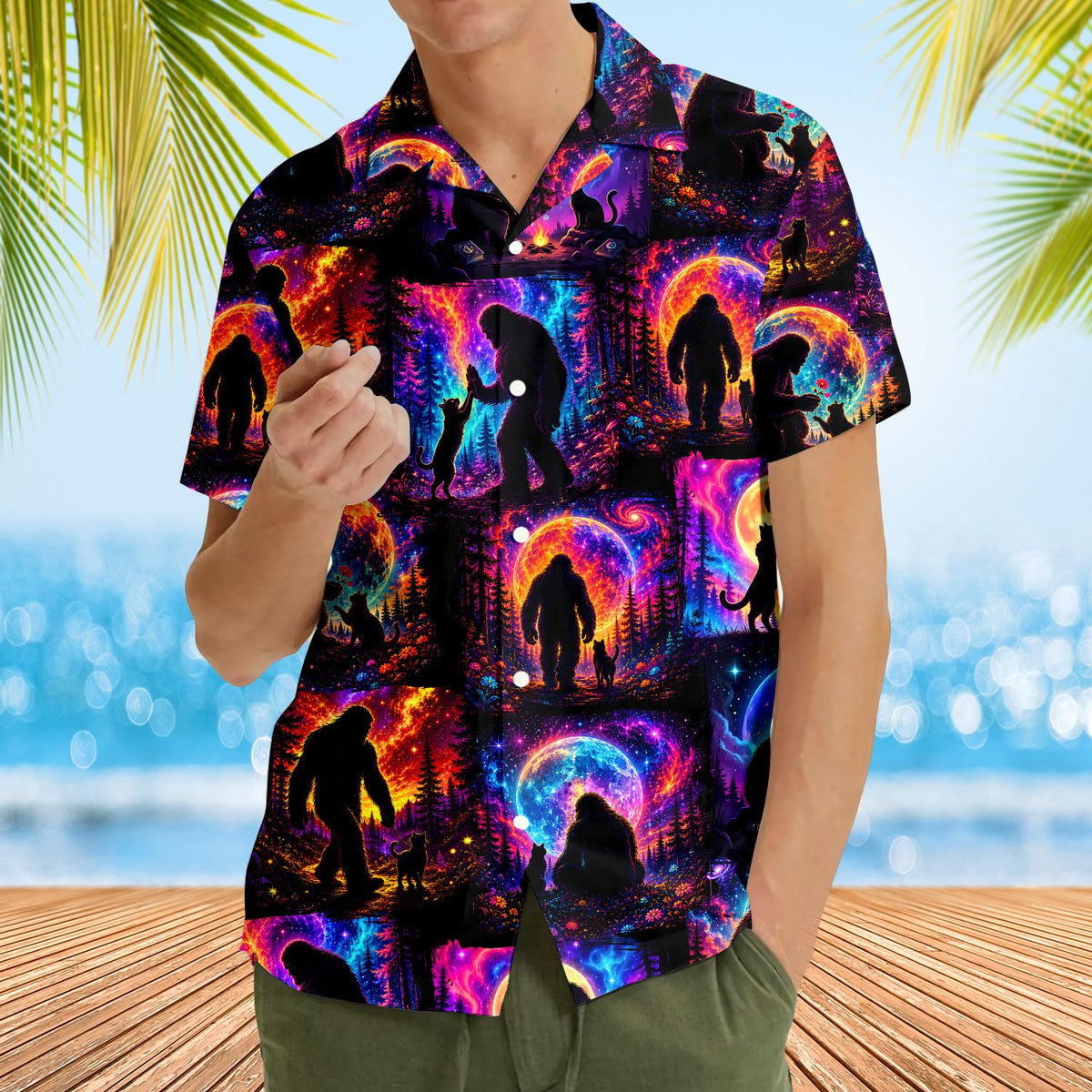 Fourth lifestyle view of the multicolor bigfoot hawaiian shirt on family members