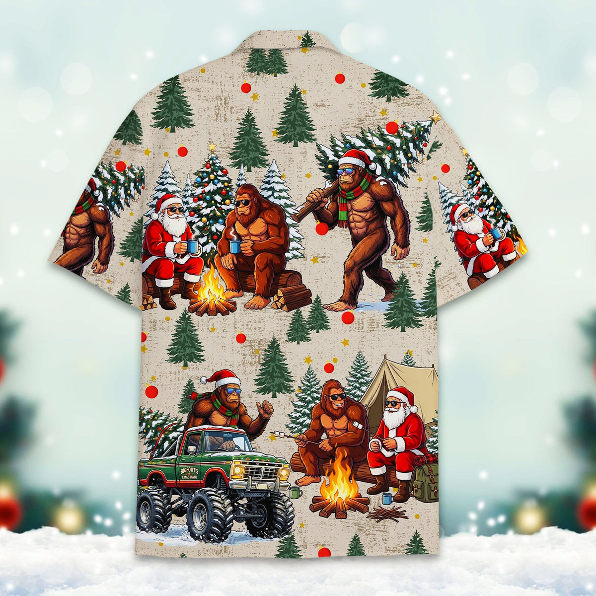 Detailed back view of the holiday hawaiian shirt in beige.