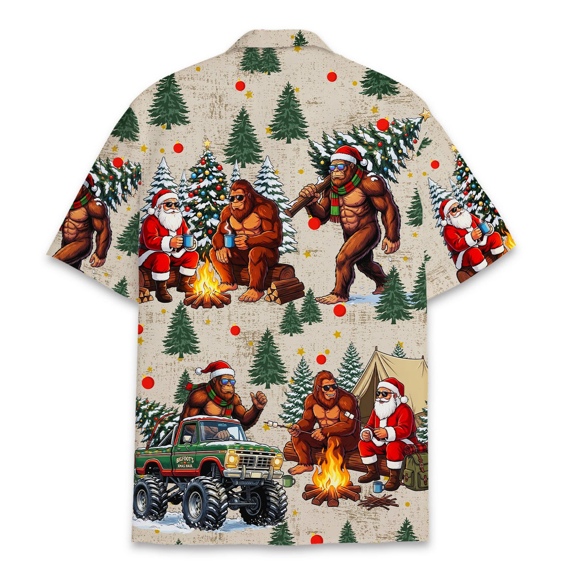 Back view of the Bigfoot and Santa camping hawaiian shirt.