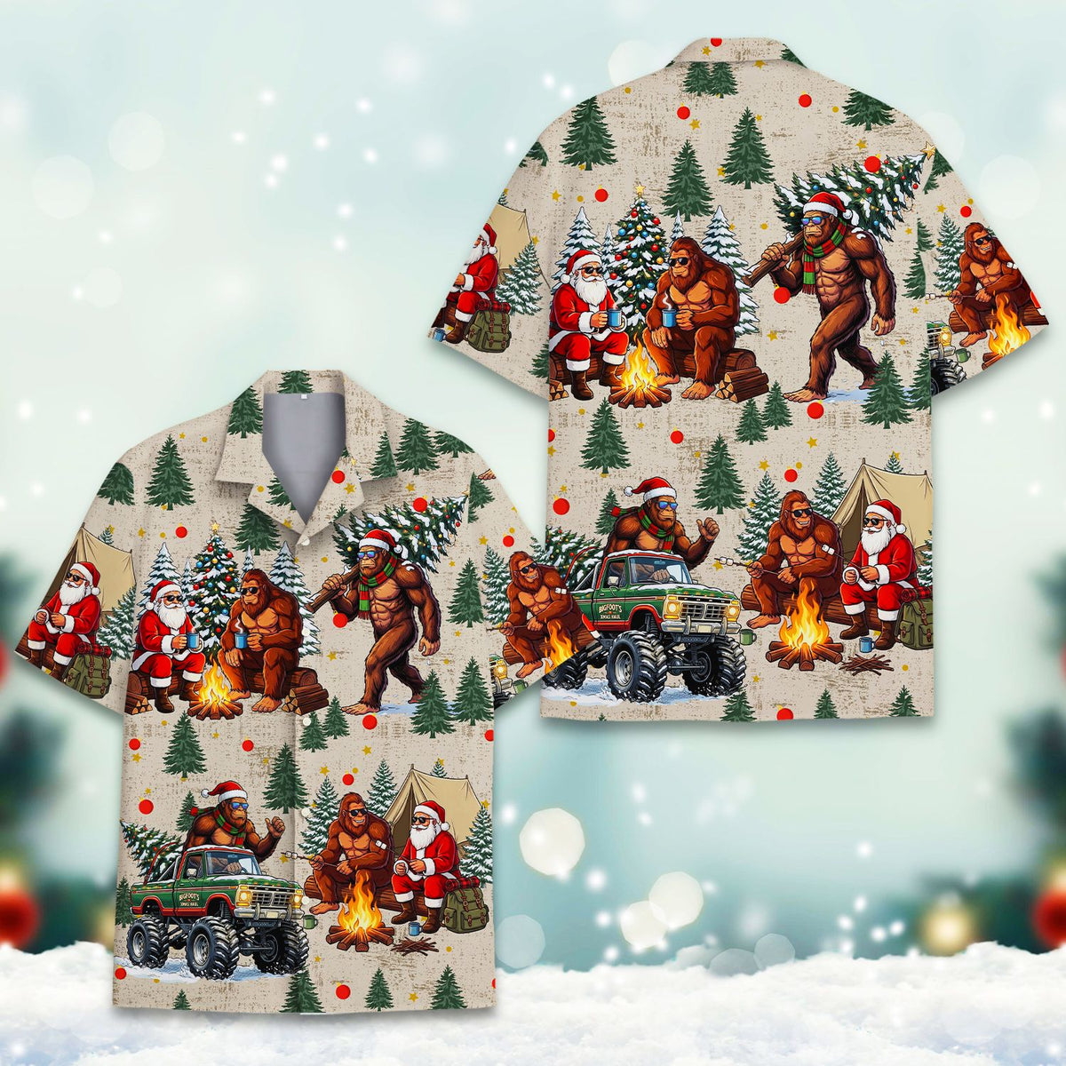 Close up front detail of the Bigfoot and Santa Claus pattern on the hawaiian shirt.