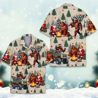 Close up front detail of the Bigfoot and Santa Claus pattern on the hawaiian shirt.