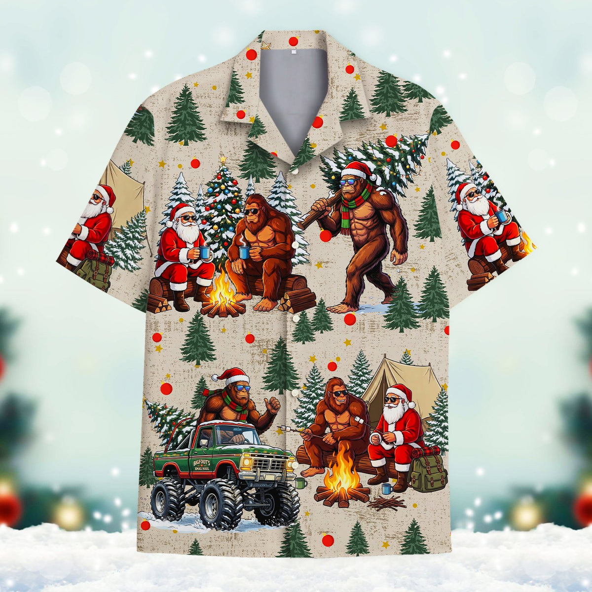 Front view of the Bigfoot and Santa hawaiian shirt.