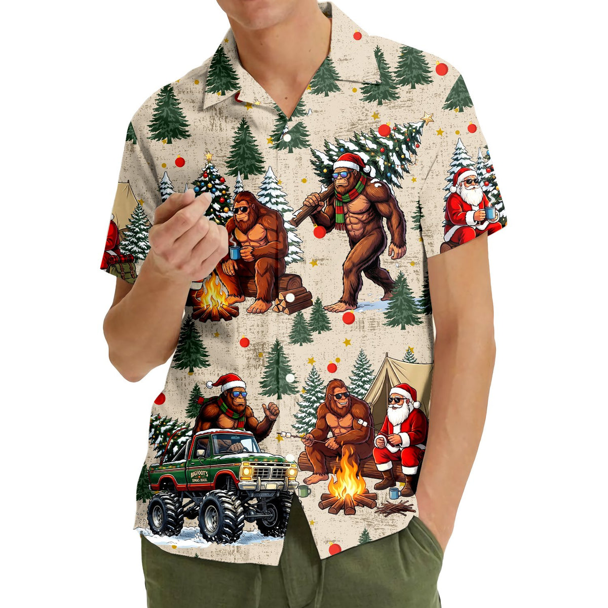 Third lifestyle view of the family matching hawaiian shirts.