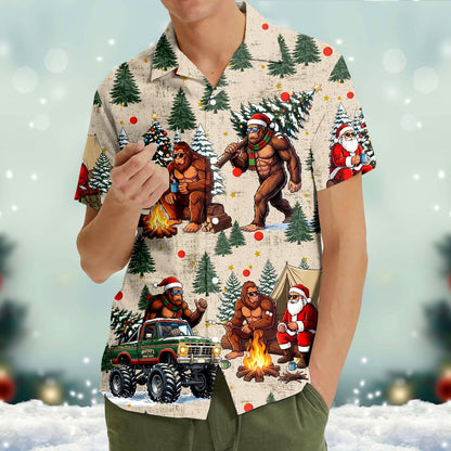 Fourth lifestyle shot of the Bigfoot and Santa holiday shirt.
