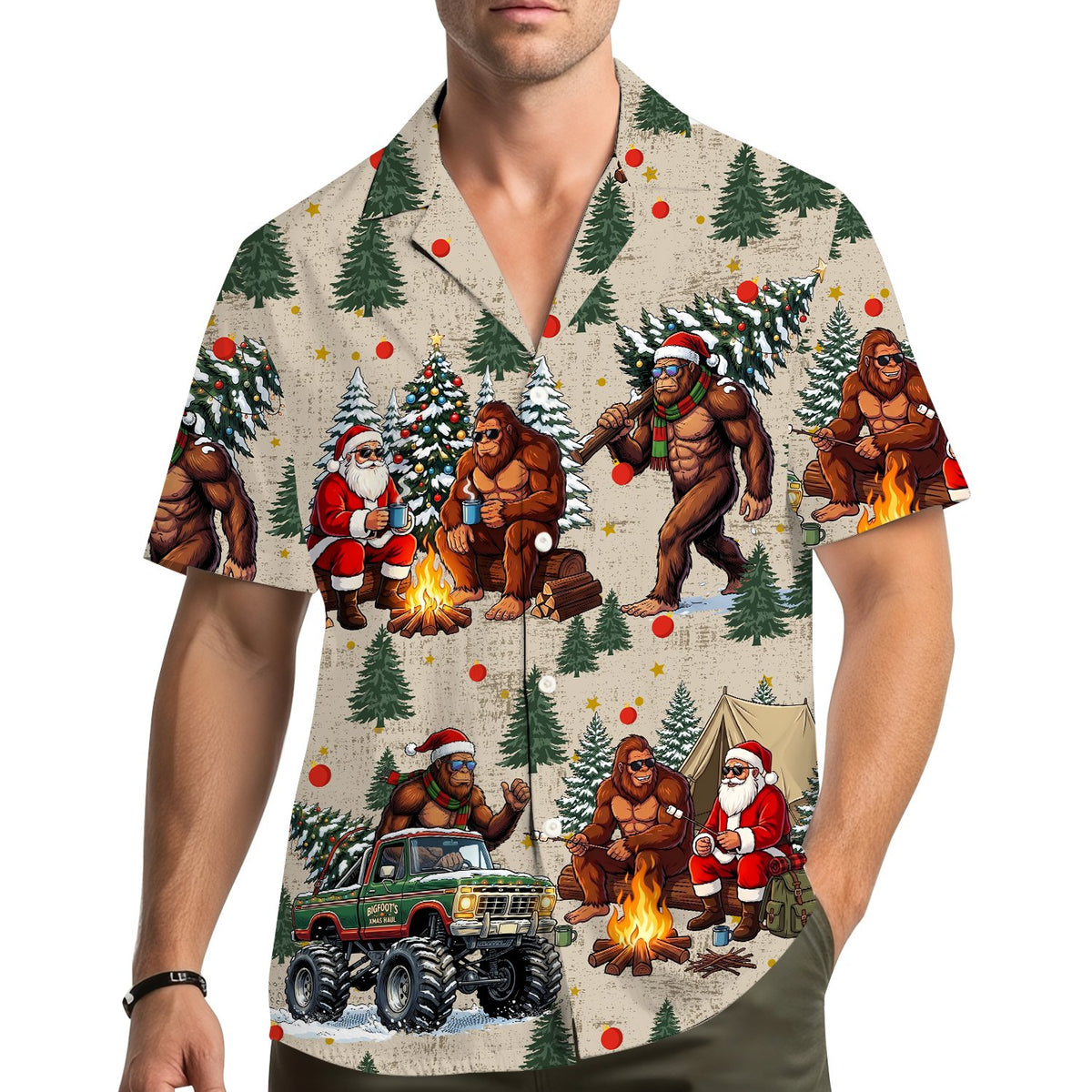 Lifestyle shot showing the santa claus hawaiian shirt outdoors.