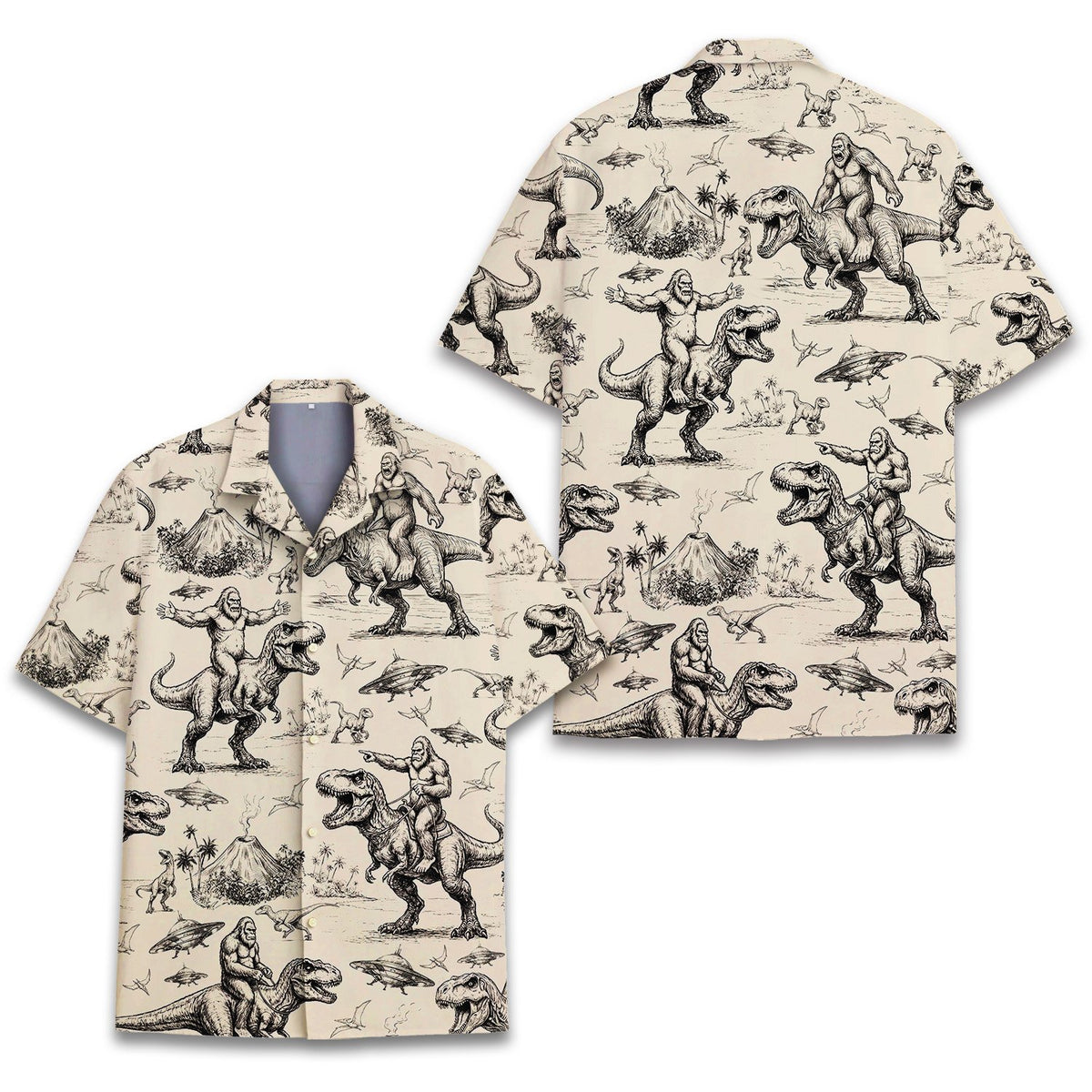 Front view of beige bigfoot and ufos hawaiian shirt