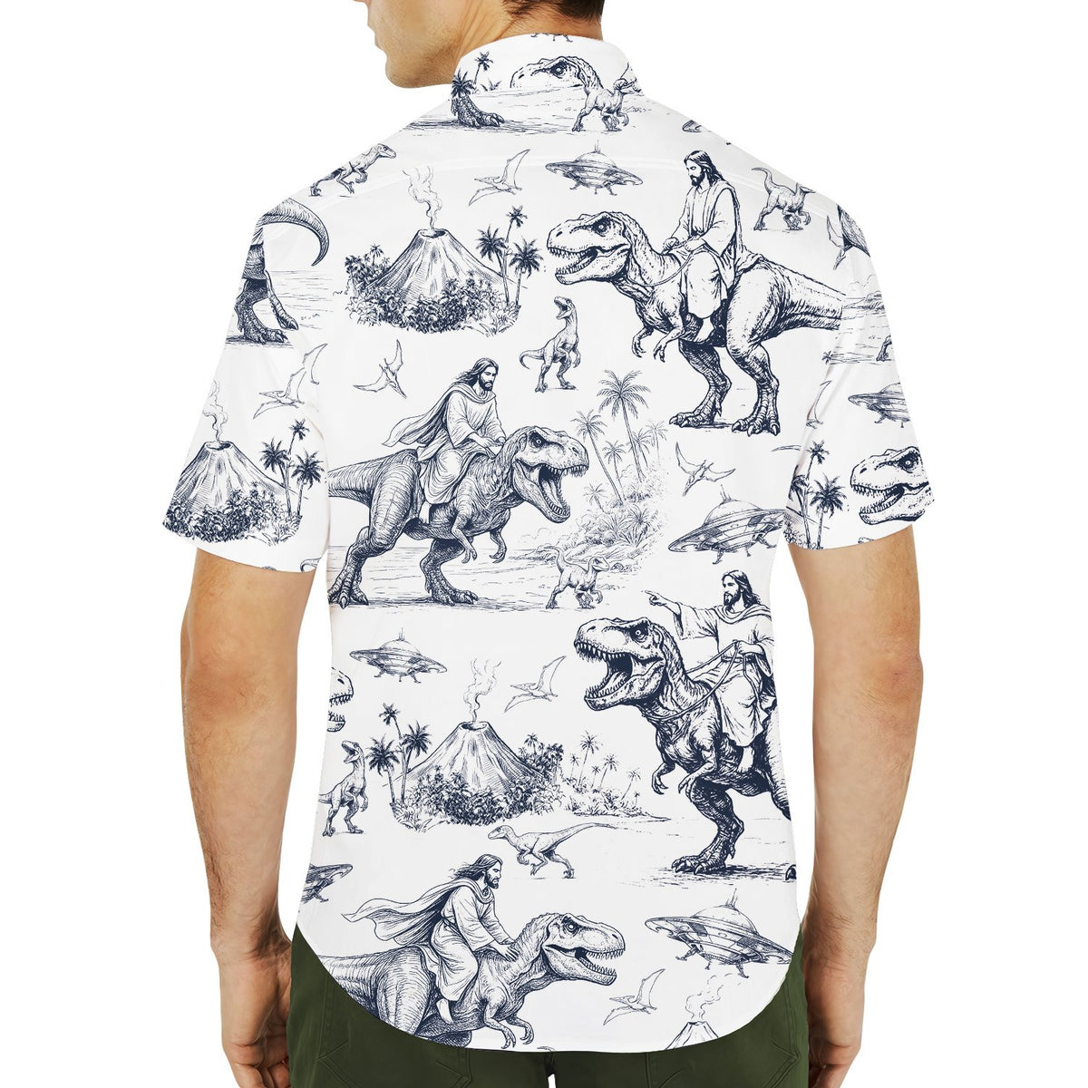 Alternative back view of the blue bigfoot hawaiian shirt