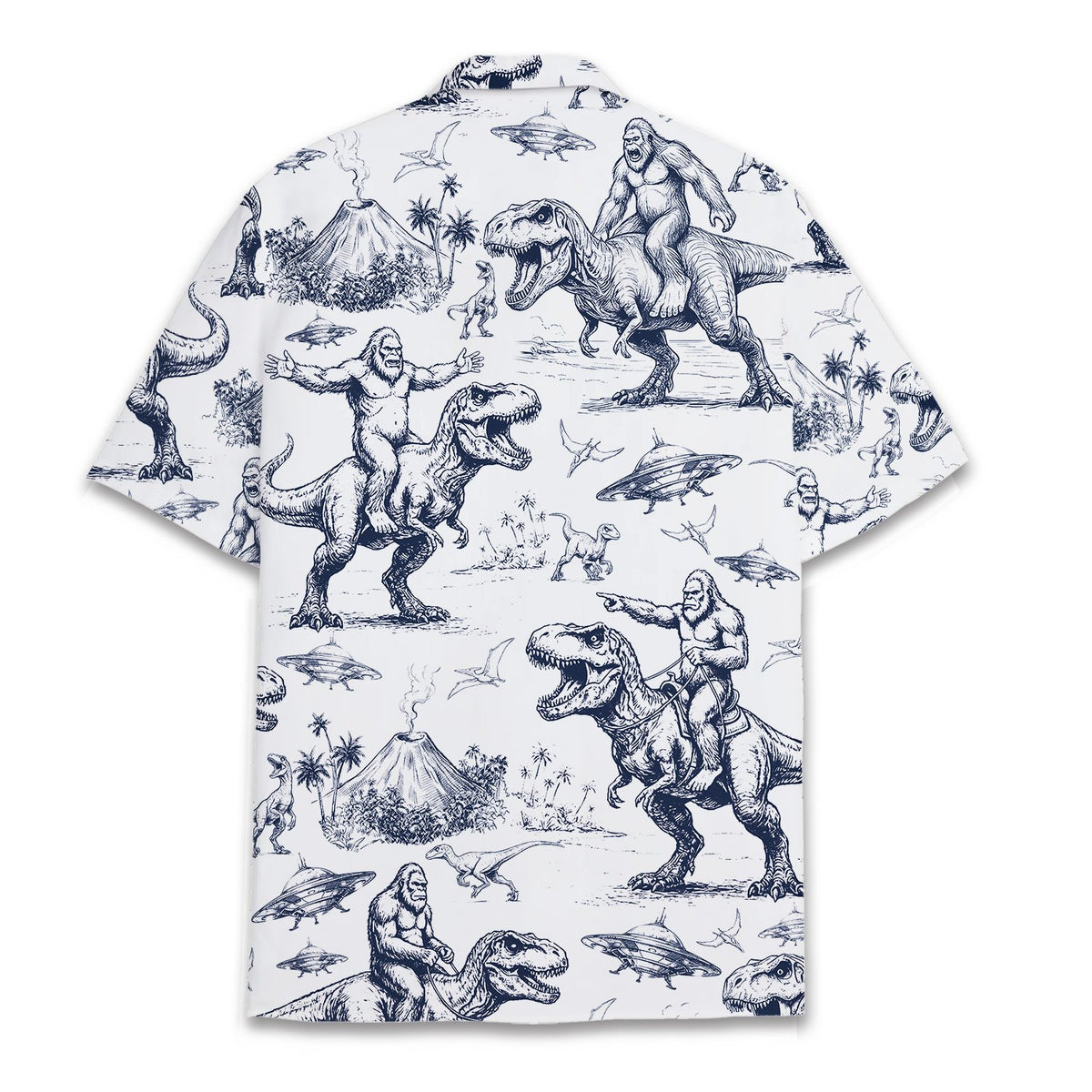 Back view of blue bigfoot and ufos hawaiian shirt