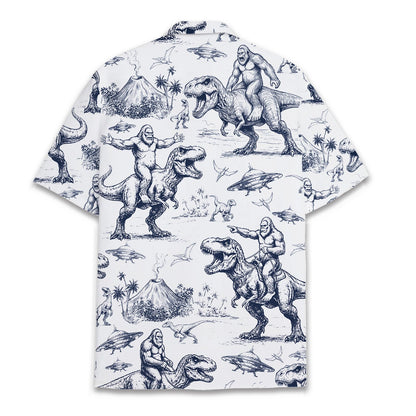 Back view of blue bigfoot and ufos hawaiian shirt