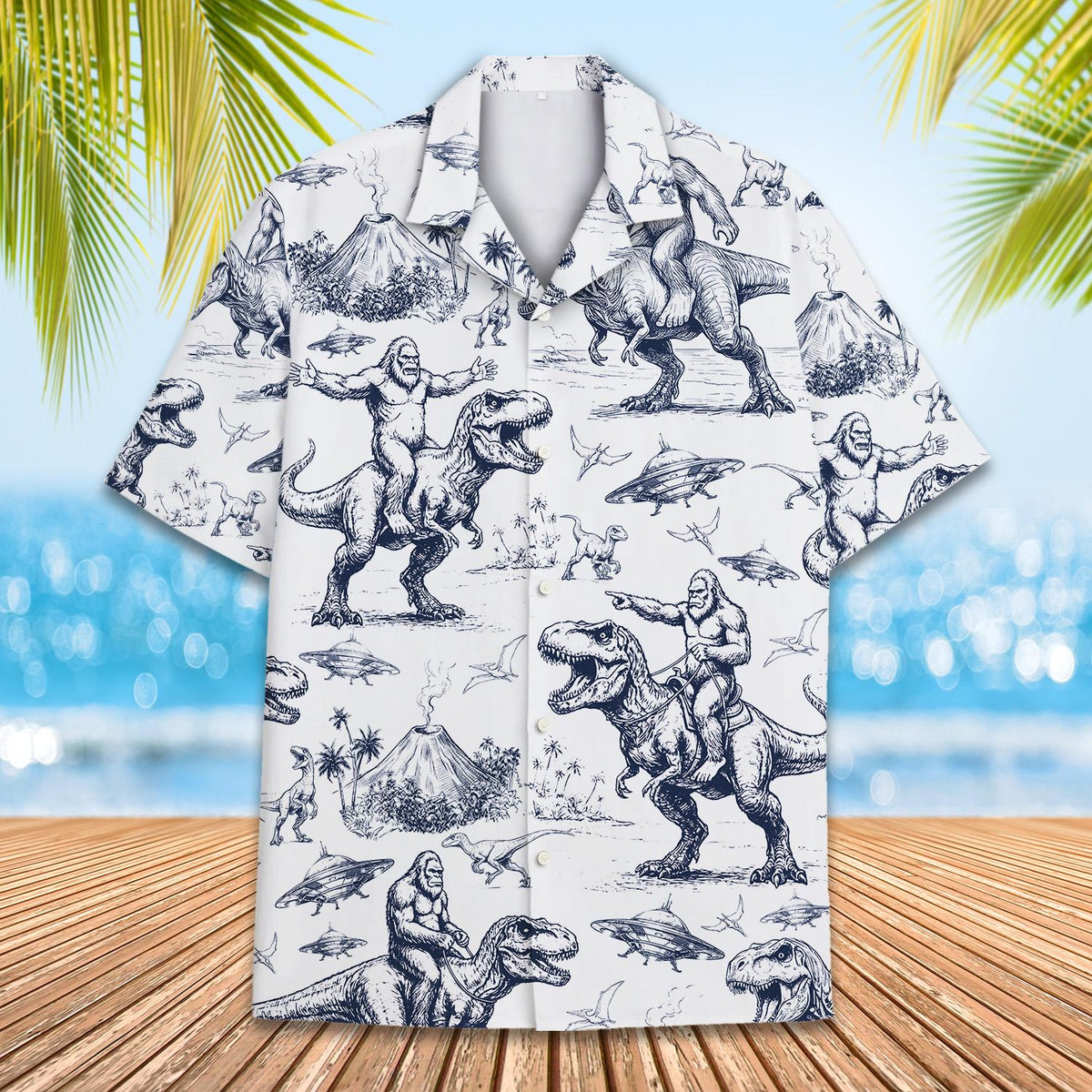 Close-up front view of the blue ufos hawaiian shirt