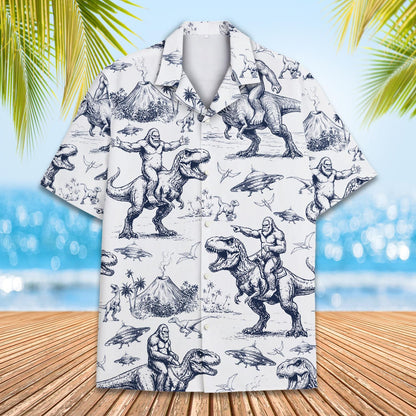 Close-up front view of the blue ufos hawaiian shirt