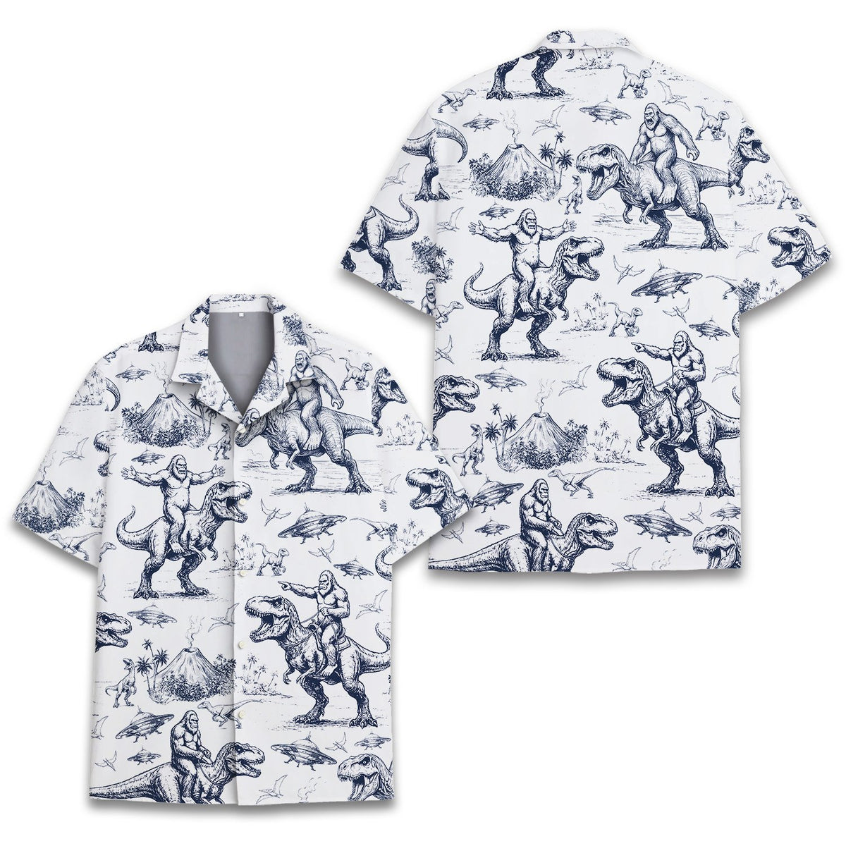 Main view of bigfoot and ufos hawaiian shirt featuring blue sketch design
