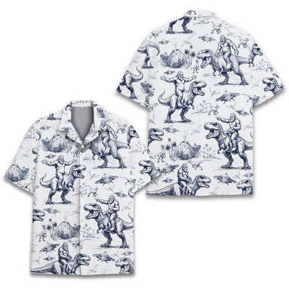 Front view of blue bigfoot and ufos hawaiian shirt
