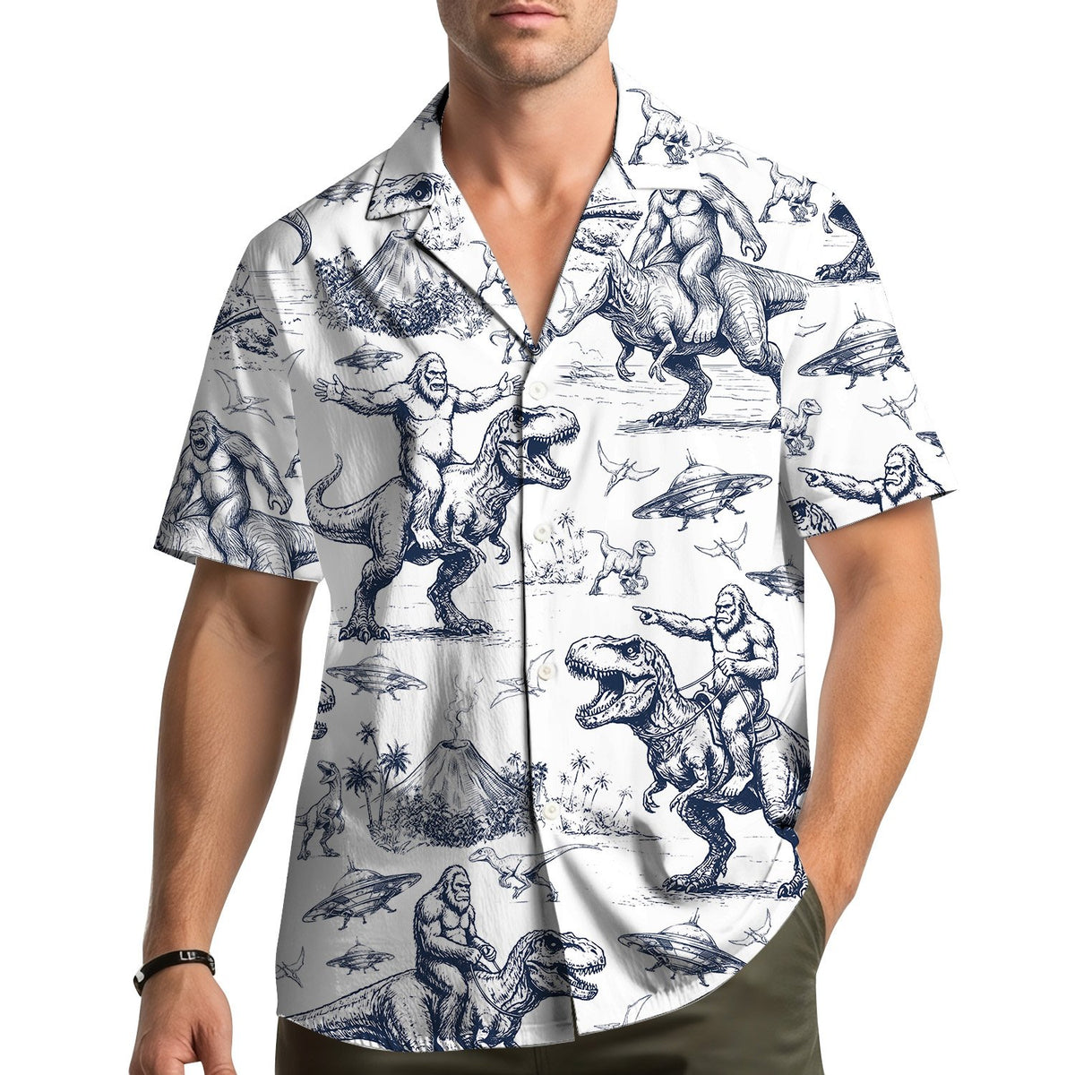 Lifestyle view of someone wearing the bigfoot and ufos hawaiian shirt outdoors
