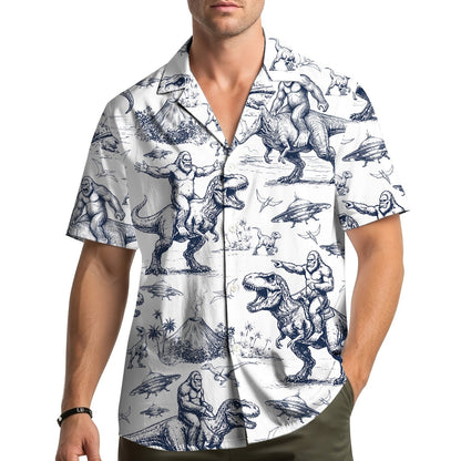 Lifestyle view of someone wearing the bigfoot and ufos hawaiian shirt outdoors