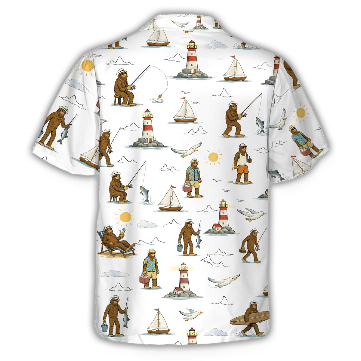 Back view of the white hawaiian shirt with bigfoot beach pattern and sailboats