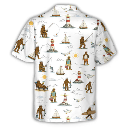Back view of the white hawaiian shirt with bigfoot beach pattern and sailboats
