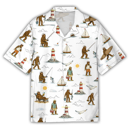 Front view of the bigfoot beach hawaiian shirt featuring a fun surfing bigfoot design on a white background