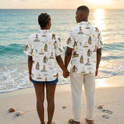Lifestyle image of an adult wearing the bigfoot beach hawaiian shirt outdoors