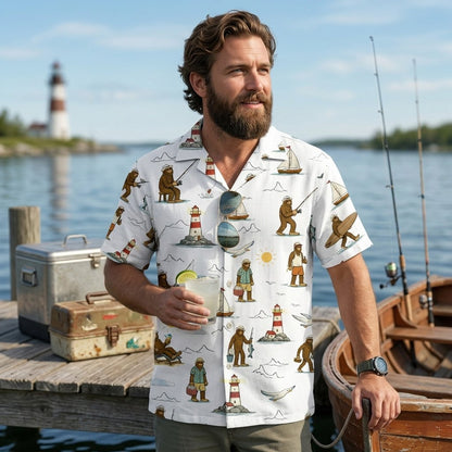 Second lifestyle image showing the matching family hawaiian shirts outdoors in summer