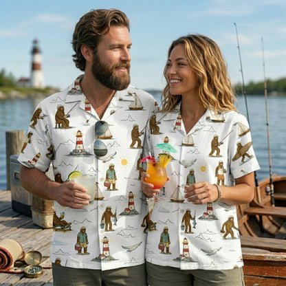 Third lifestyle view of the bigfoot beach hawaiian shirt styled for a summer vacation