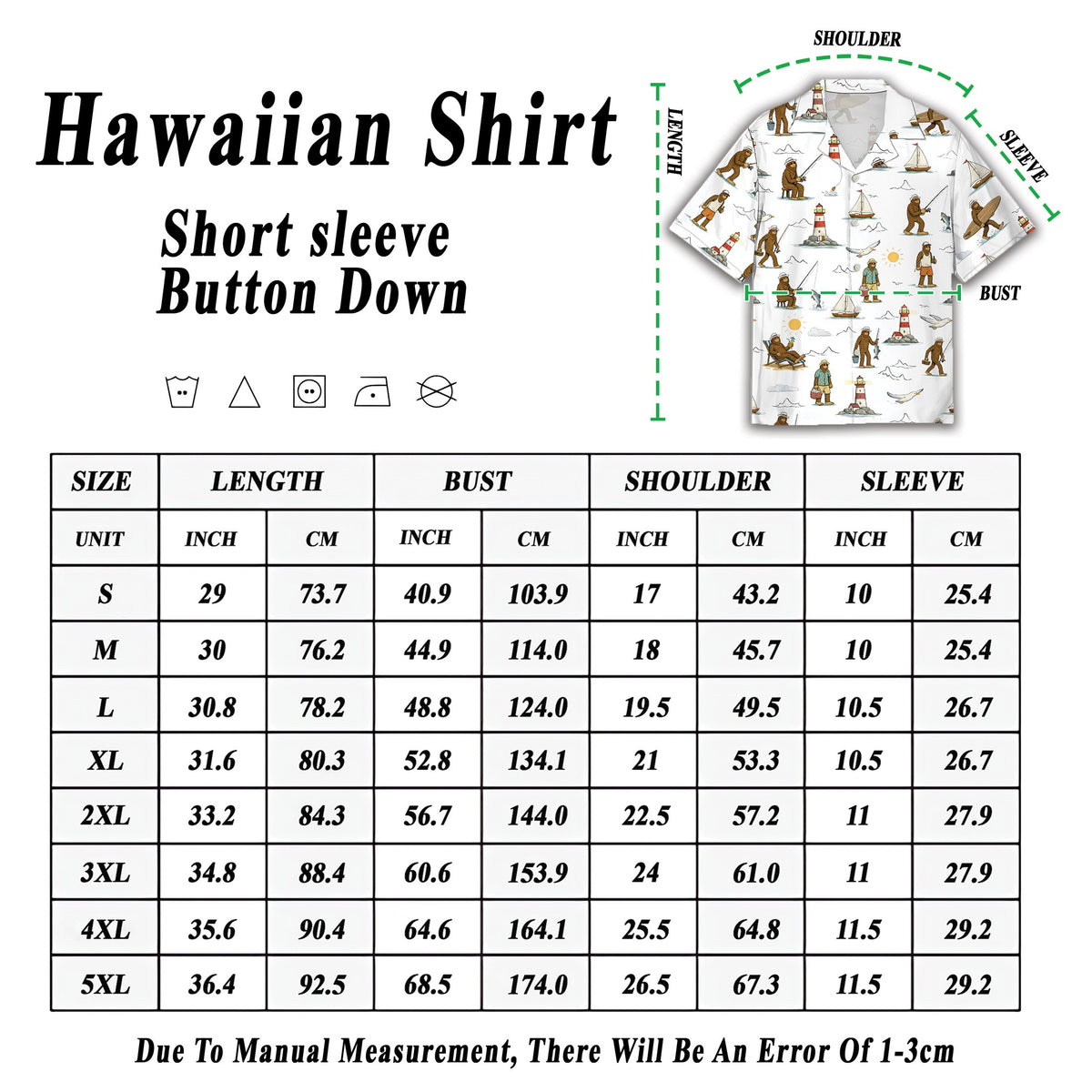 Folded view of the white bigfoot beach hawaiian shirt showing the collar and pattern