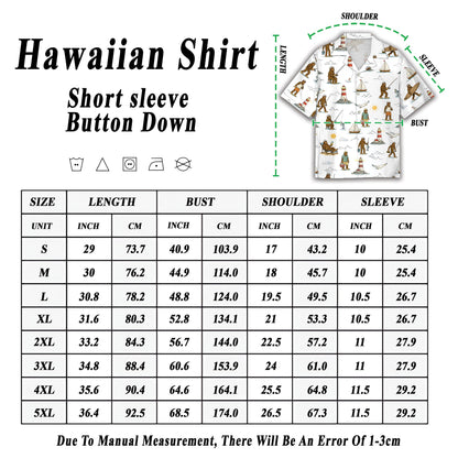 Folded view of the white bigfoot beach hawaiian shirt showing the collar and pattern
