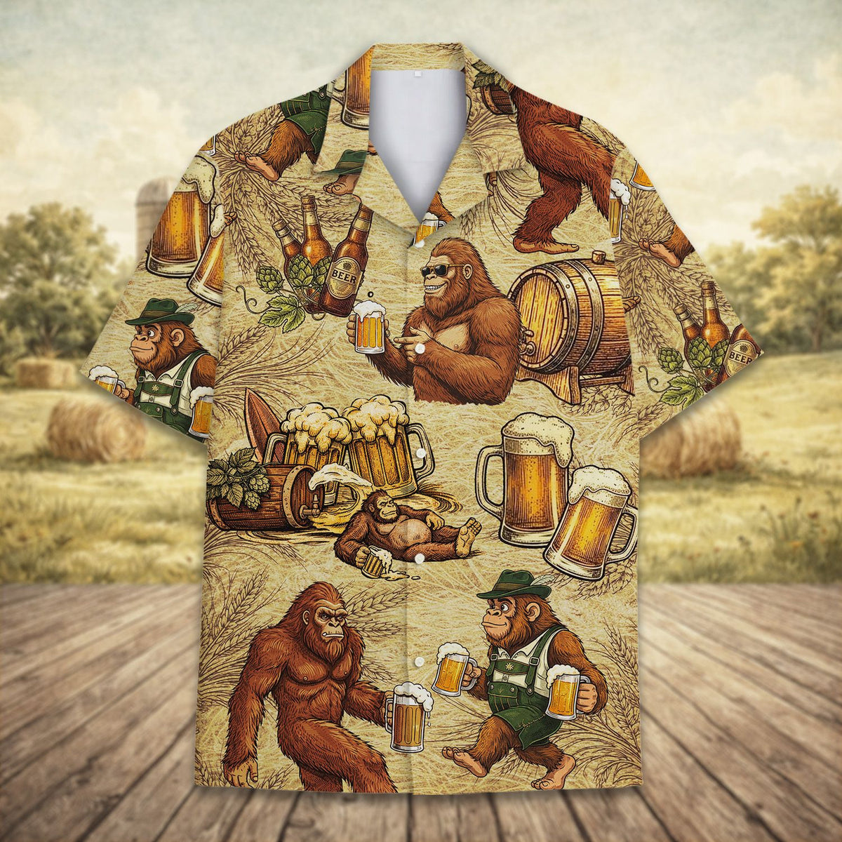 Detailed front view of the bigfoot beer hawaiian shirt pattern