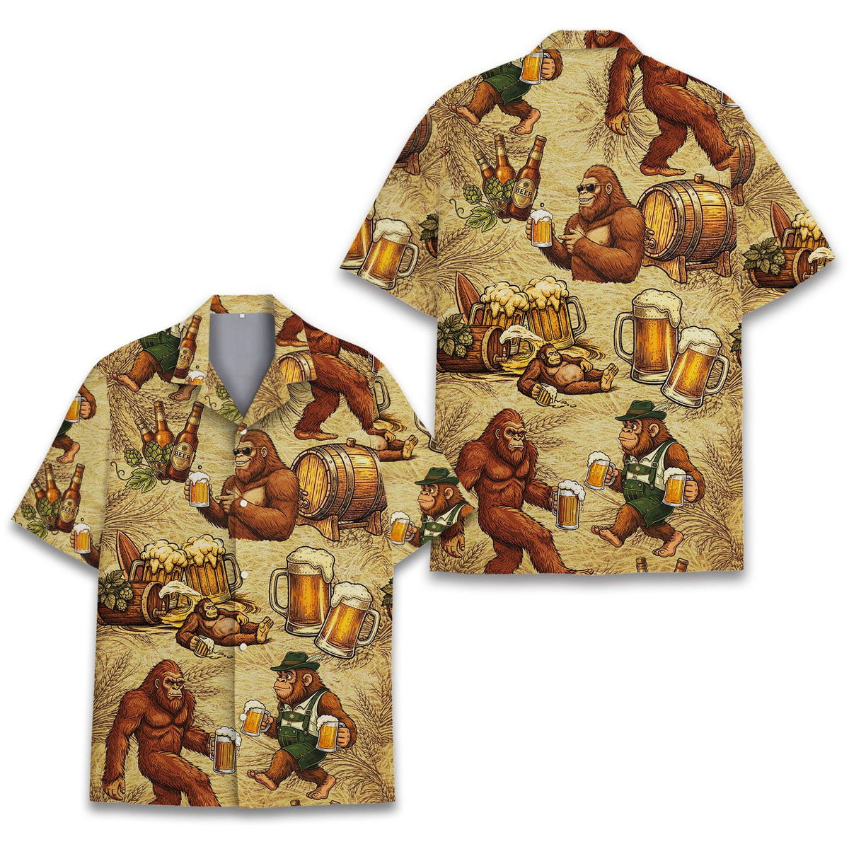 Close up front view of the bigfoot beer hawaiian shirt