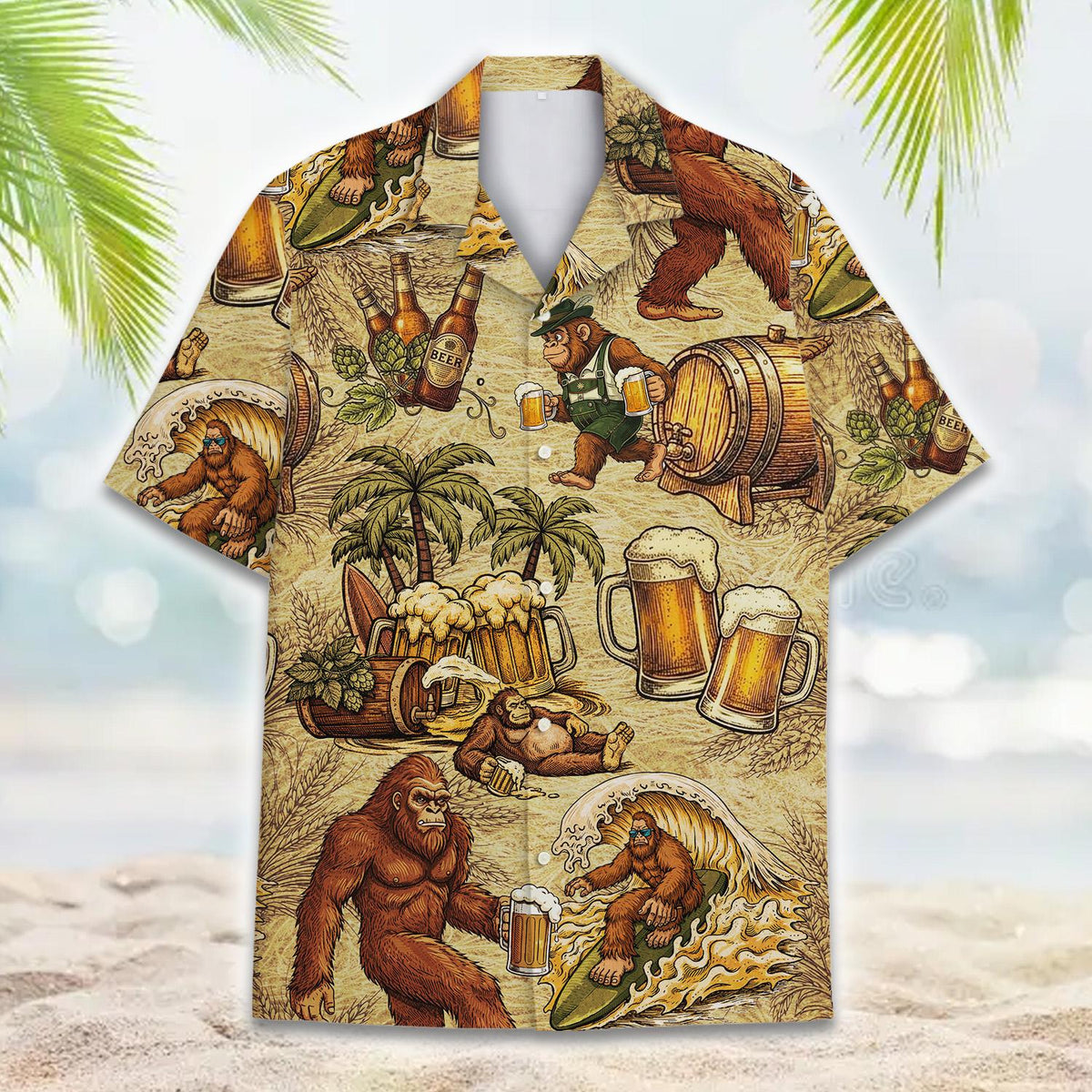 Bigfoot beer hawaiian shirt featuring cartoon bigfoot and beer barrels on beige background, main view