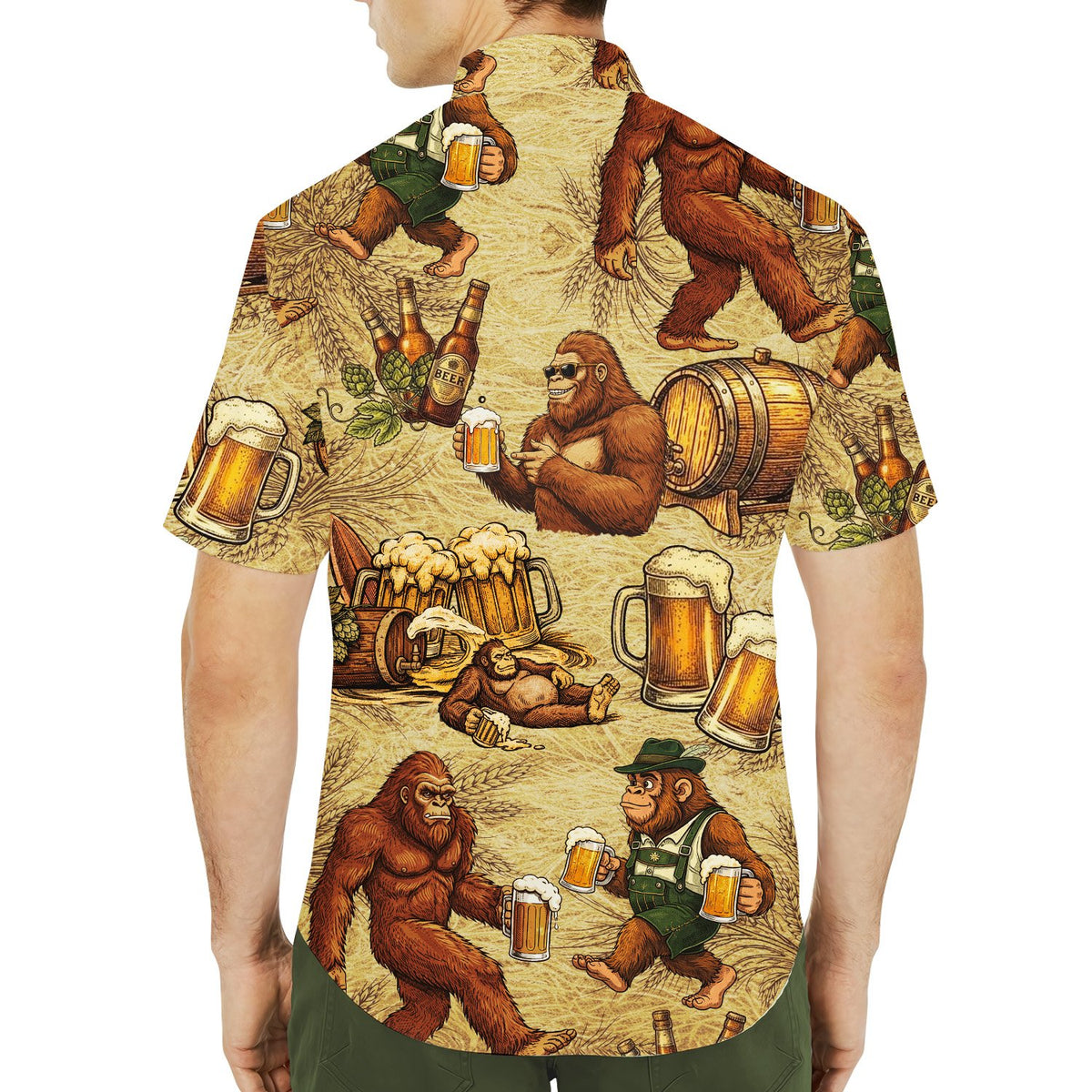 Another lifestyle view of the bigfoot beer hawaiian shirt being worn