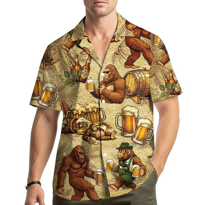 Lifestyle view of a person wearing the bigfoot beer hawaiian shirt