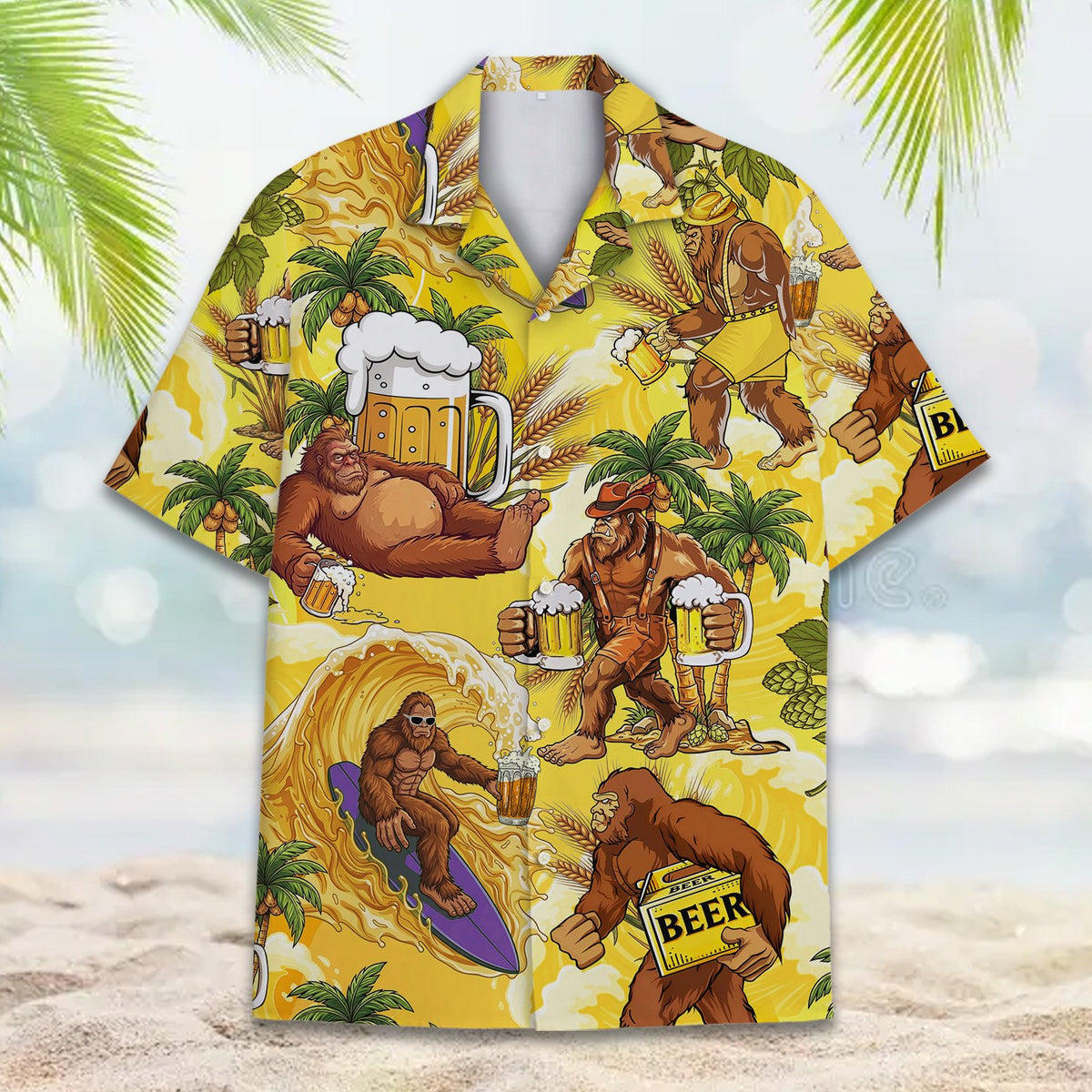 Front angled view of the Bigfoot beer tropical Hawaiian shirt