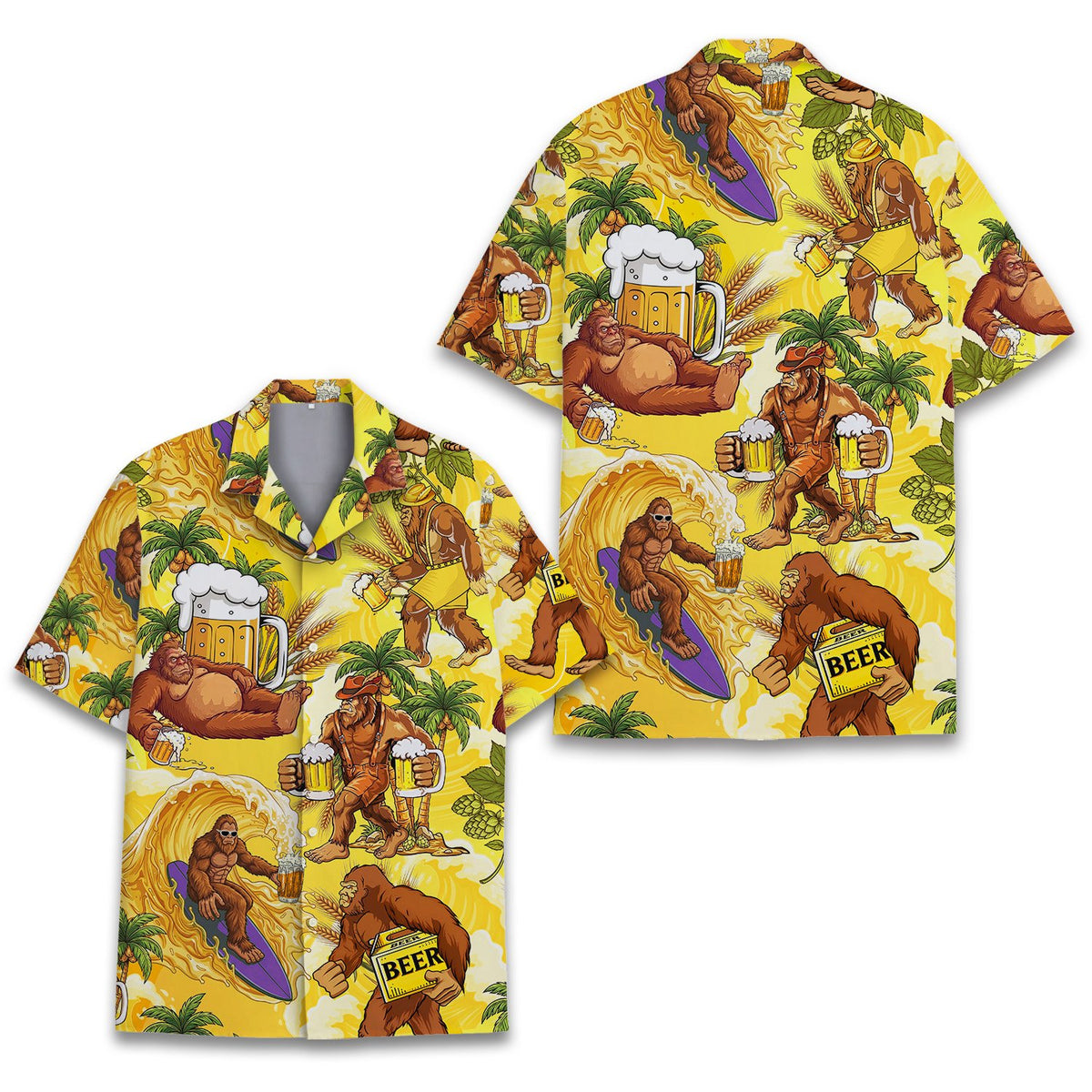 Another close up view of the Bigfoot beer tropical Hawaiian shirt front