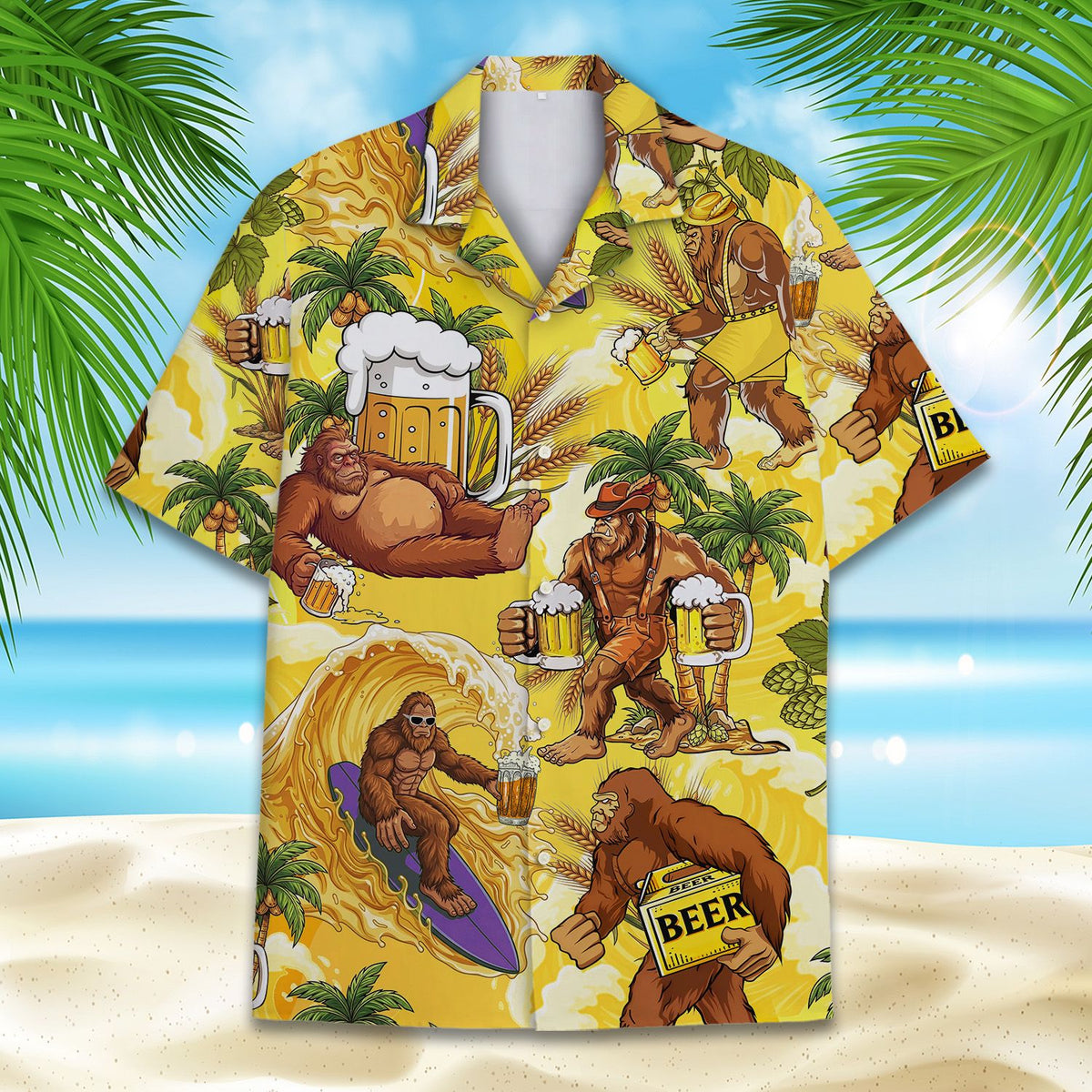 Front detail view of the yellow bigfoot Hawaiian shirt
