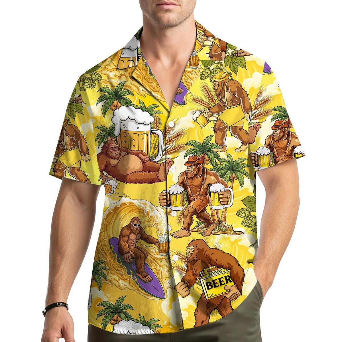 Lifestyle view of a person wearing the Bigfoot beer tropical Hawaiian shirt