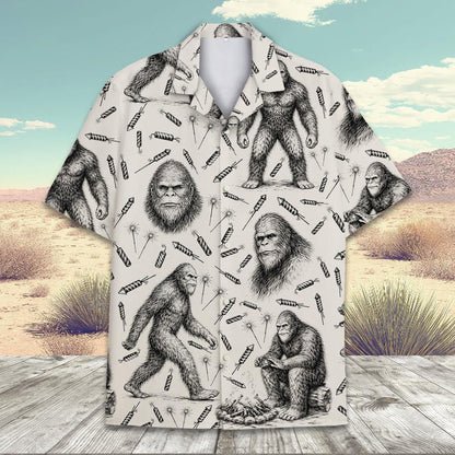 Close up front view of the beige bigfoot hawaiian shirt