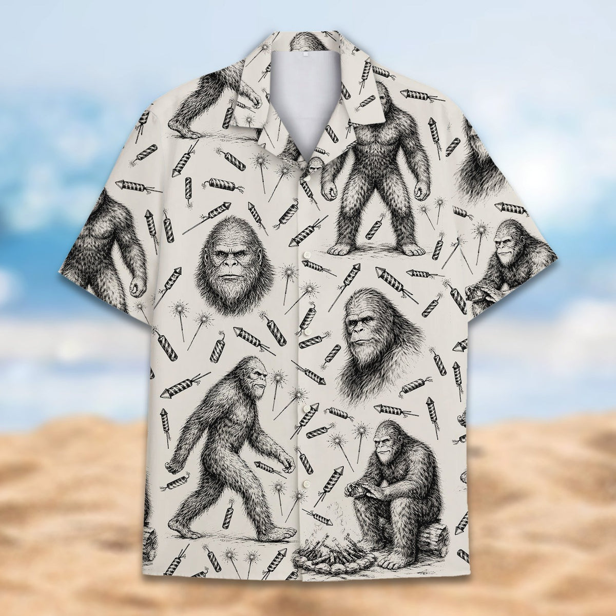Flat lay front view of the bigfoot print shirt