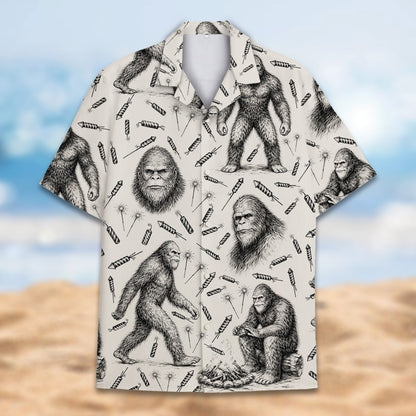 Flat lay front view of the bigfoot print shirt
