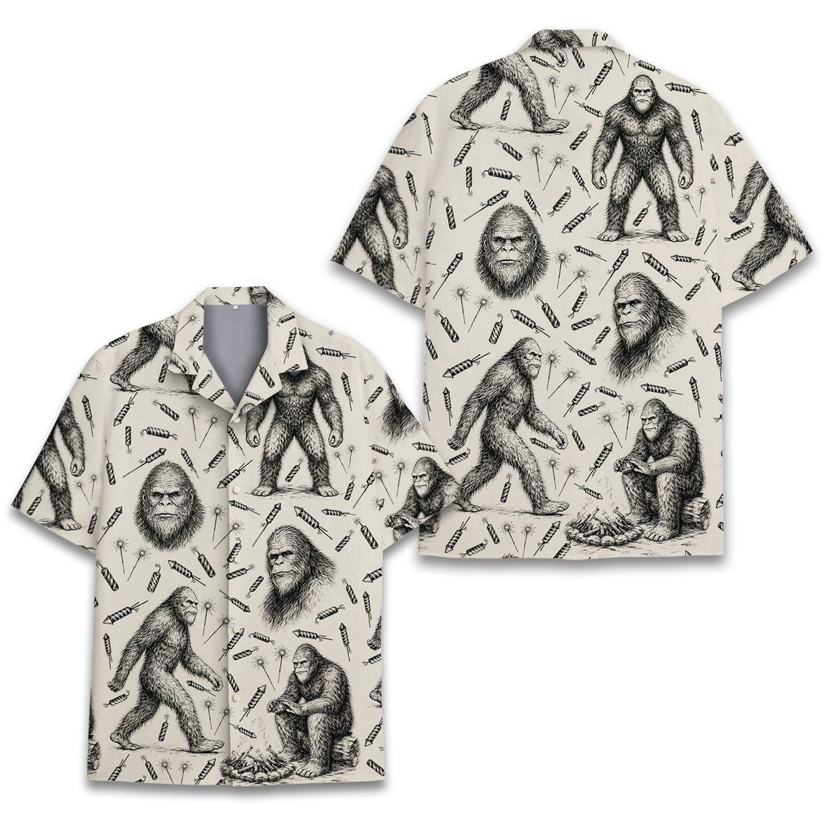 Back view of the beige bigfoot hawaiian shirt