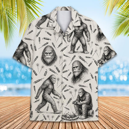 Beige bigfoot hawaiian shirt front view